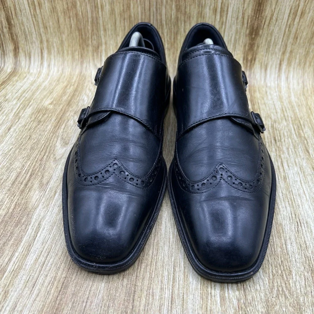 ECCO Double Monk Strap Shoes Men's 8.5 Black Leather Wingtip Brogue Shock Point